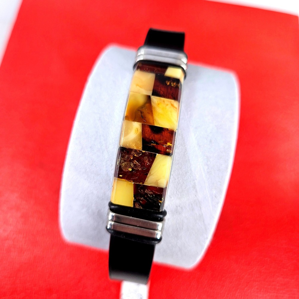 Ewa Plachta Baltic Amber Stainless Steel Leather Checkerboard Bracelet Unisex‎
